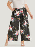 Floral Print Belted Split Side Pleated Pants