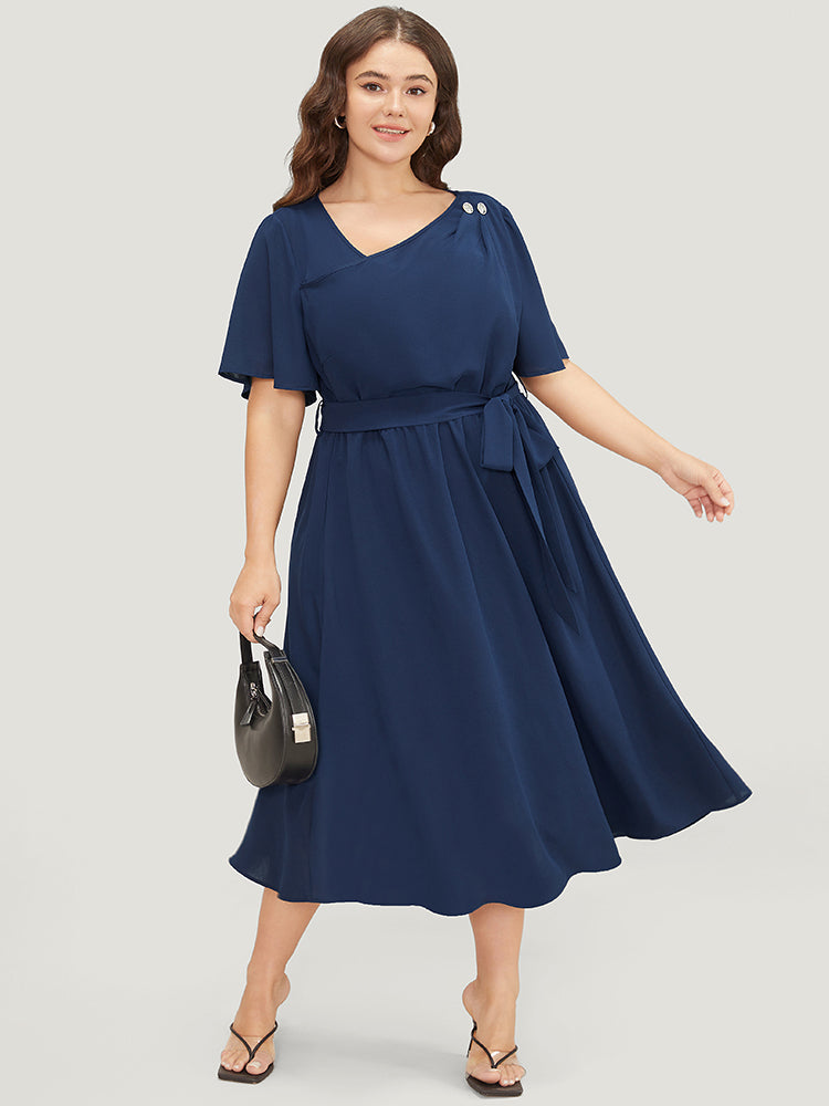 

Plus Size Women Workwear Plain Gathered Ruffle Sleeve Short Sleeve Asymmetrical Neck Pocket Belt Workleisure Dresses BloomChic, Dark blue