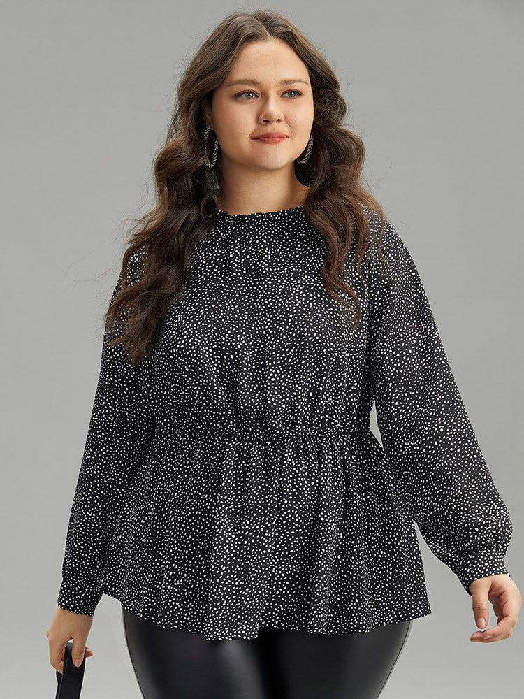 

Plus Size Women Work Polka Dot Frill Trim Regular Sleeve Long Sleeve Round Neck Office Blouses BloomChic, Black