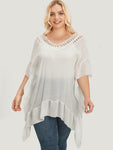 Solid Ruffle Trim Dolman Sleeve Lace Asymmetrical Hem Knit Top