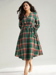 Notched Collar Pocketed Belted Plaid Print Dress