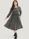 Belted Round Neck Striped Print Dress by Bloomchic Limited