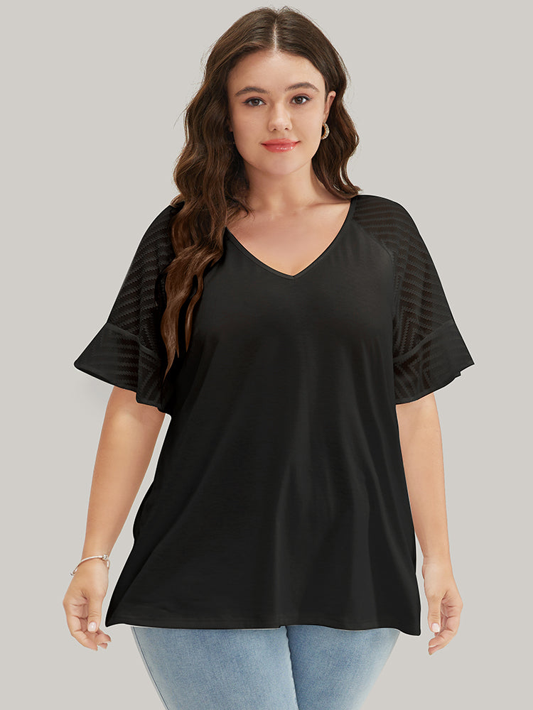 

Plus Size Women Dailywear Plain Raglan sleeve Short sleeve V-neck Elegance T-shirts BloomChic, Black