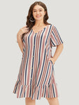 Pocketed Striped Print Dress With Ruffles