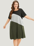 Colorblocking Pocketed Round Neck Dress