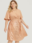 V-neck Pocketed Sequined Belted Dress With Ruffles
