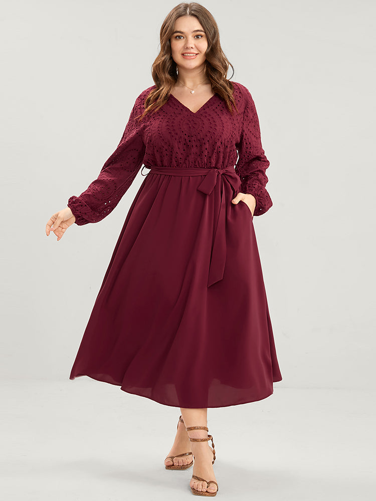 

Plus Size Women Dailywear Plain Broderie anglaise Regular Sleeve Long Sleeve V Neck Pocket Belt Elegance Dresses BloomChic, Burgundy