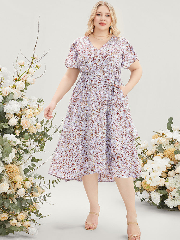 

Plus Size Women Dailywear Ditsy Floral Belted Ruffle Sleeve Short Sleeve V Neck Pocket Belt Elegance Dresses BloomChic, Heather