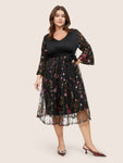 Floral Print Bell Sleeves Embroidered Mesh Dress