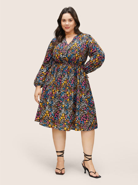 Floral Print Notched Collar Pocketed Dress