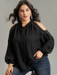 Pearl Beaded Cold Shoulder Keyhole Bowknot Blouse