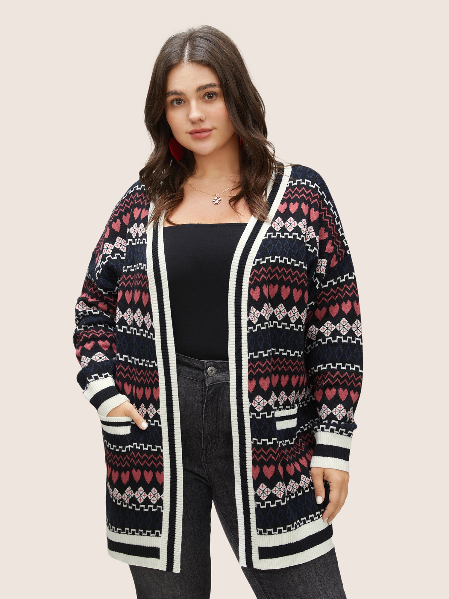 

Plus Size Cardigans | Heart Geometric Jacquard Pocket Cardigan | BloomChic, Black