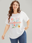 Floral & Letter Print Slightly Stretchy T shirt