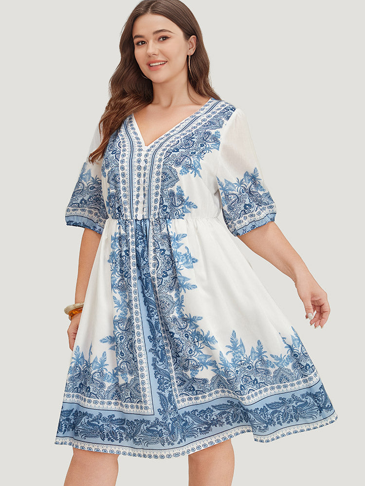 

Plus Size Women Dailywear Bohemian Print Lined Lantern Sleeve Half Sleeve V Neck Pocket Vacation Dresses BloomChic, Blue