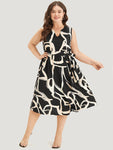 Geometric Print Pocket Notched Belted Tank Dress