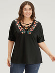 Floral Embroidered Crisscross Batwing Sleeve T shirt