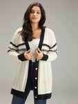 Cable Knit Striped Geo Button Fly Cardigan