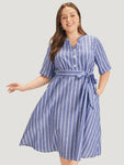 Belted Pocketed Notched Collar Striped Print Dress