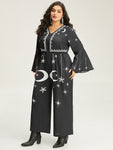 Halloween Moon & Star Elastic Waist Bell Sleeve Jumpsuit