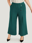 Solid Pleated Button Detail Straight Leg Pants