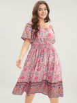 General Print Square Neck Shirred Pocketed Dress With Ruffles