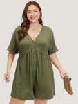 Solid Button Through Pocket Cuffed Batwing Sleeve Romper