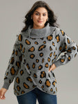 Anti pilling Leopard Printlapel Collar Button Detail Pullover