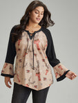 Christmas Print Ruffles Patchwork Bell Sleeve Lace Up Blouse
