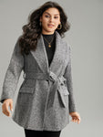 Tweed Belted Lapel Collar Flap Pocket Coat