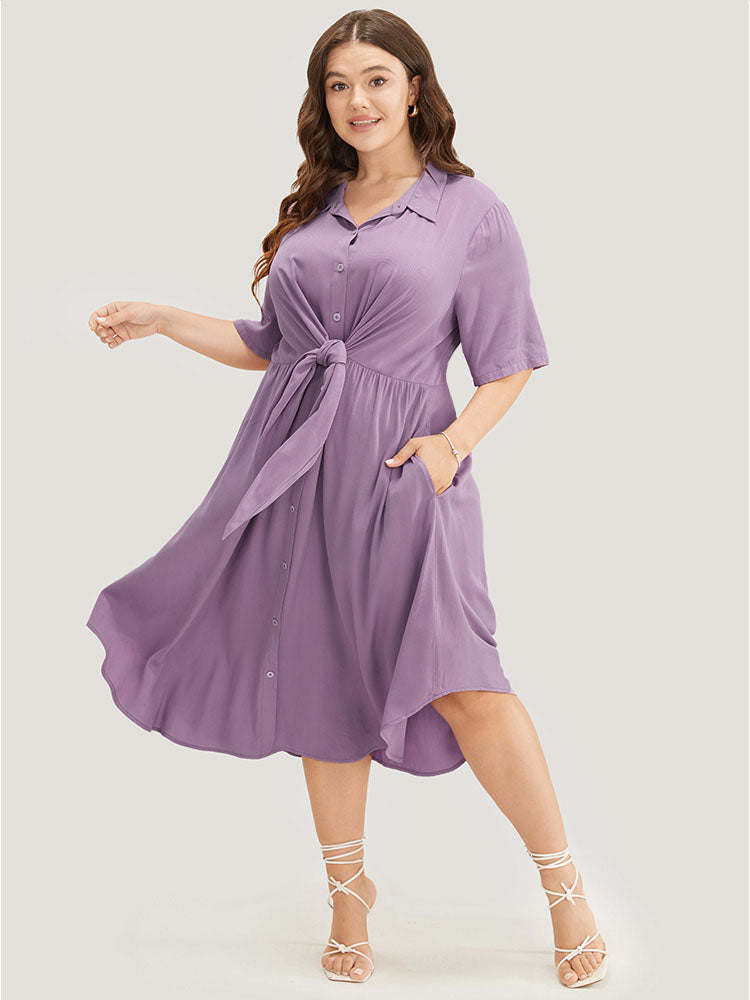 

Plus Size Women Workwear Plain Arc Hem Regular Sleeve Short Sleeve Shirt Collar Pocket Workleisure Dresses BloomChic, Mauve