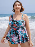 Floral Printed Asymmetrical Ruffles Hem Tankini Top