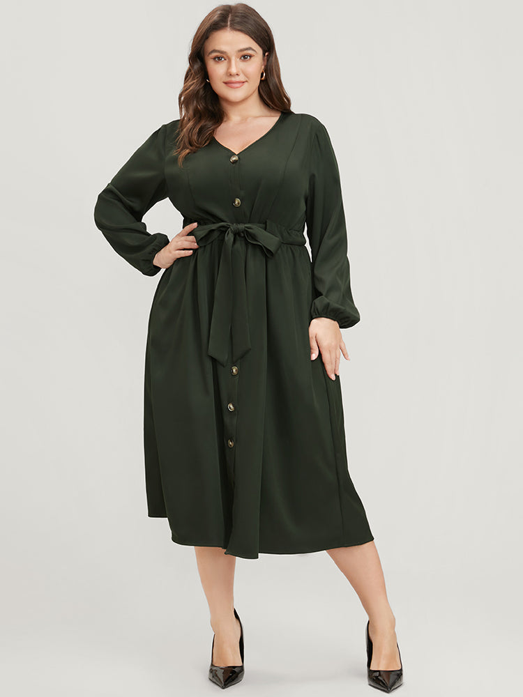 

Plus Size Women Work Plain Belted Lantern Sleeve Long Sleeve V-neck Pocket Belt Office Dresses BloomChic, Army green