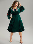 Velvet Floral Ties Gathered Lantern Sleeve Dress