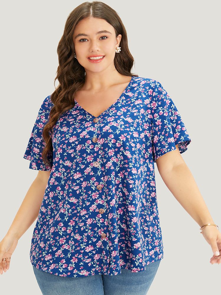 

Plus Size Women Dailywear Ditsy Floral Ruffle Sleeve Short Sleeve V Neck Elegance Blouses BloomChic, Indigo