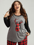 Elk & Plaid Embroidered Patchwork Sleep Top