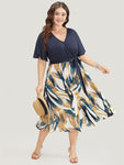 V-neck Pocketed Belted General Print Dress With Ruffles