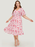 Lace Floral Print Pocketed Dress With Ruffles