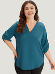 Solid Cuffed Sleeve Gathered Curved Hem Blouse