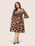 Notched Collar Bell Sleeves Belted Geometric Print Dress