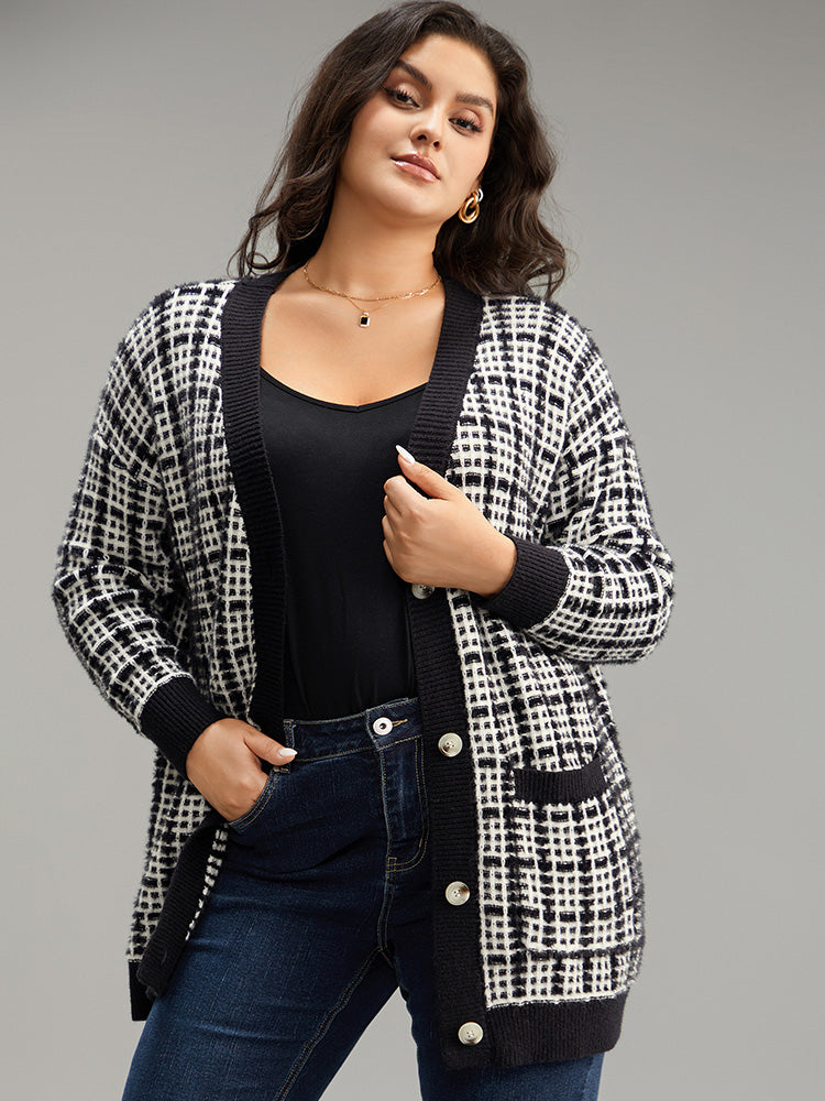 

Plus Size Cardigans | Plaid Button Down Patched Pocket Cardigan | BloomChic, Black