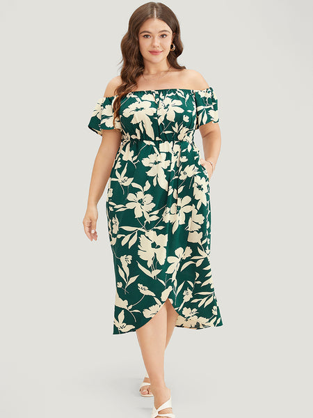 Off the Shoulder Floral Print Pocketed Pleated Dress With Ruffles