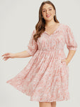 Keyhole Pocketed Floral Print Flutter Puff Sleeves Sleeves Dress