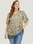 Plant Print Tiered Sleeve Lace Hem Blouse