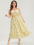 Lace Floral Print Pocketed Shirred Spaghetti Strap Dress With Ruffles