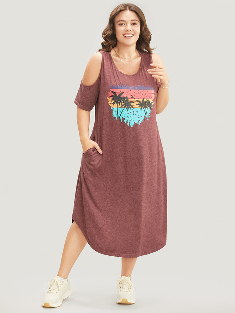 

Plus Size Women Dailywear Tropical Printed Regular Sleeve Short Sleeve Cold Shoulder Pocket Casual Dresses BloomChic, Dusty pink