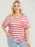 Striped Contrast Pocket Batwing Sleeve T shirt