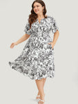 Notched Collar Floral Print Pocketed Shirred Dress With Ruffles