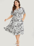Floral Print Notched Collar Pocketed Shirred Dress With Ruffles