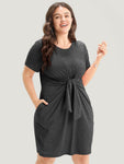 Solid Round Neck Pocket Knot Front Knee Dress