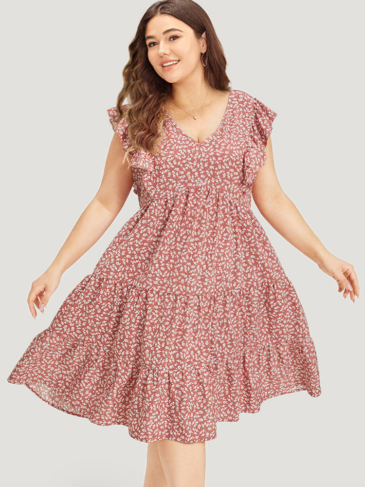 

Plus Size Women Dailywear Ditsy Floral Pocket Ruffle Sleeve Cap Sleeve V Neck Pocket Elegance Dresses BloomChic, Dusty pink